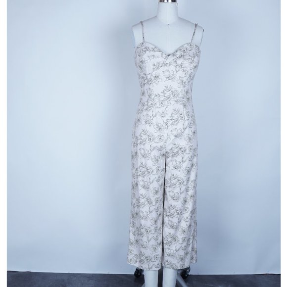 Gianni Bini Floral Jumpsuit Wide Leg Ivory Green 2 Tropical - Picture 1 of 8